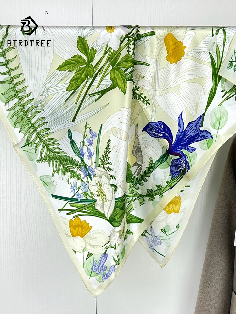 

BirdTree, 100%Real Slik Elegant Kerchief, 65cm Flower Printed, Mom Gift Commute Retro Chic Scarf, 2024 Summer Autumn A465123QC