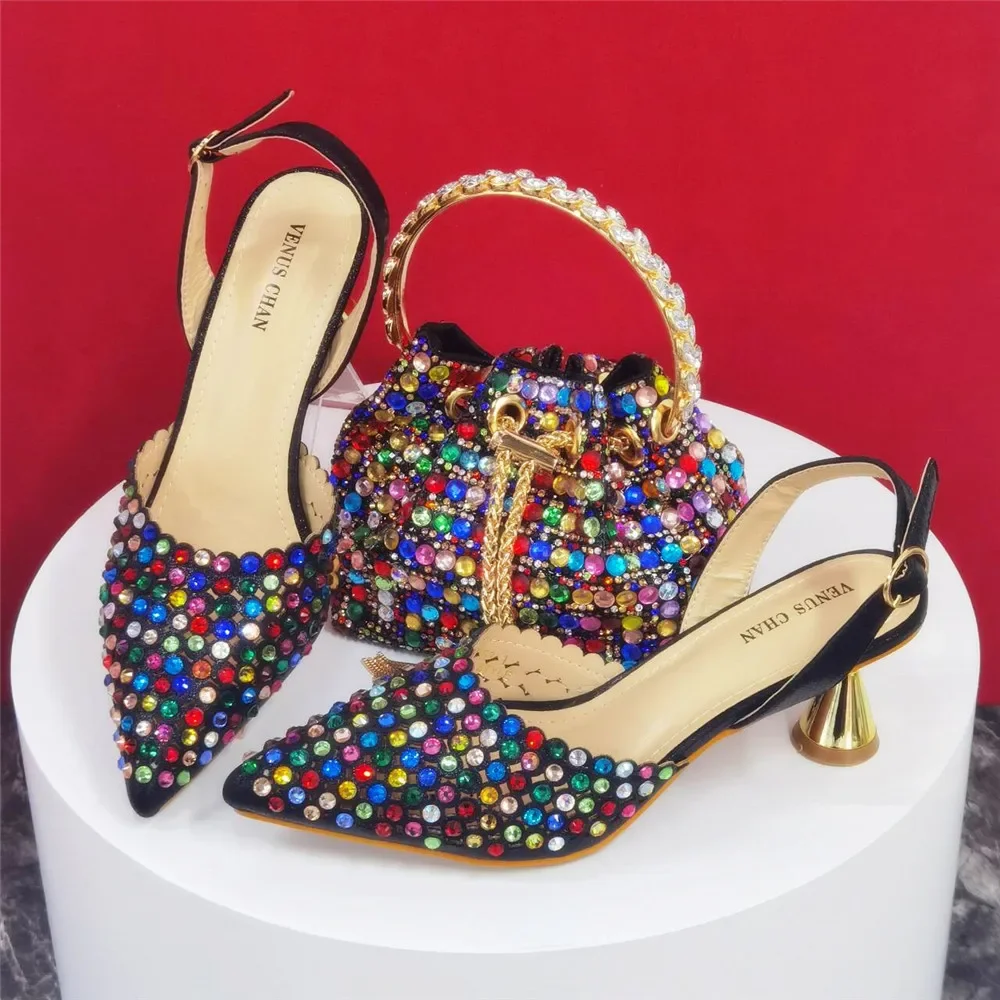 Shiny Gold Rhinestone Shoe & Bucket Bag Set | Pointed Crystal Heels, Womens Lux Wedding Eve Bridal Formal Prom Match Purse Kits
