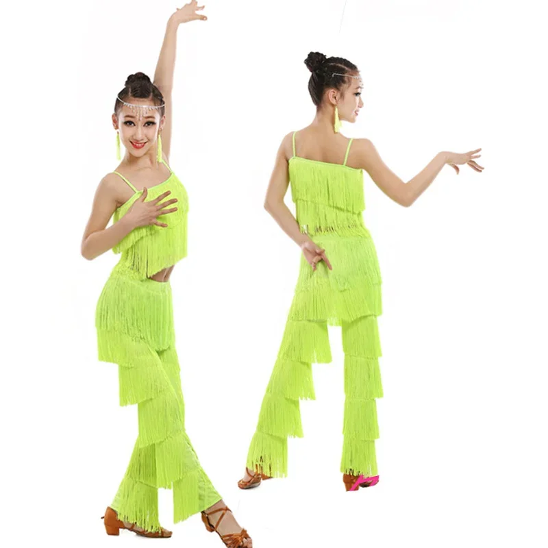 Latin dansjurk voor kinderen meisjes volwassen ballroom kwastje franje tops broek salsa samba kostuum kinderen danswedstrijd kostuum