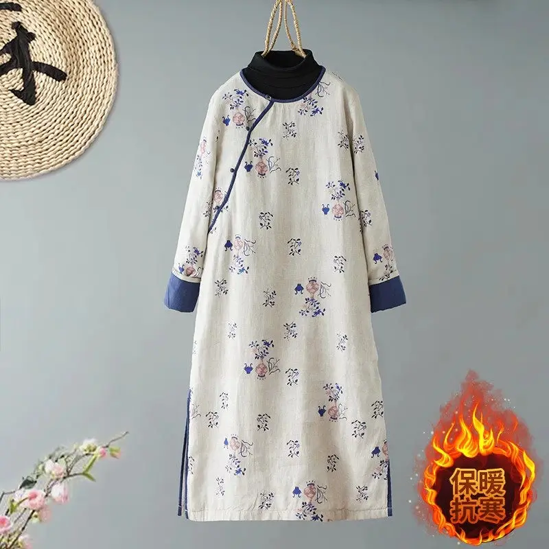 Chiński styl lniany bawełniany nadruk Cheongsam Dress 2024 Moda jesienno-zimowa ukośny kołnierz Retro pikowana sukienka A606