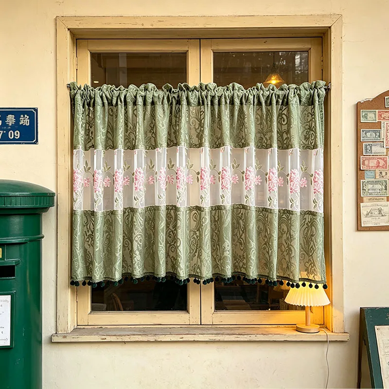 1pc Green Fern Lace Rod Pocket Short Curtain, Dark‑Pink Hydrangea Embroidery with Forest‑Green Pom‑pom Tassel