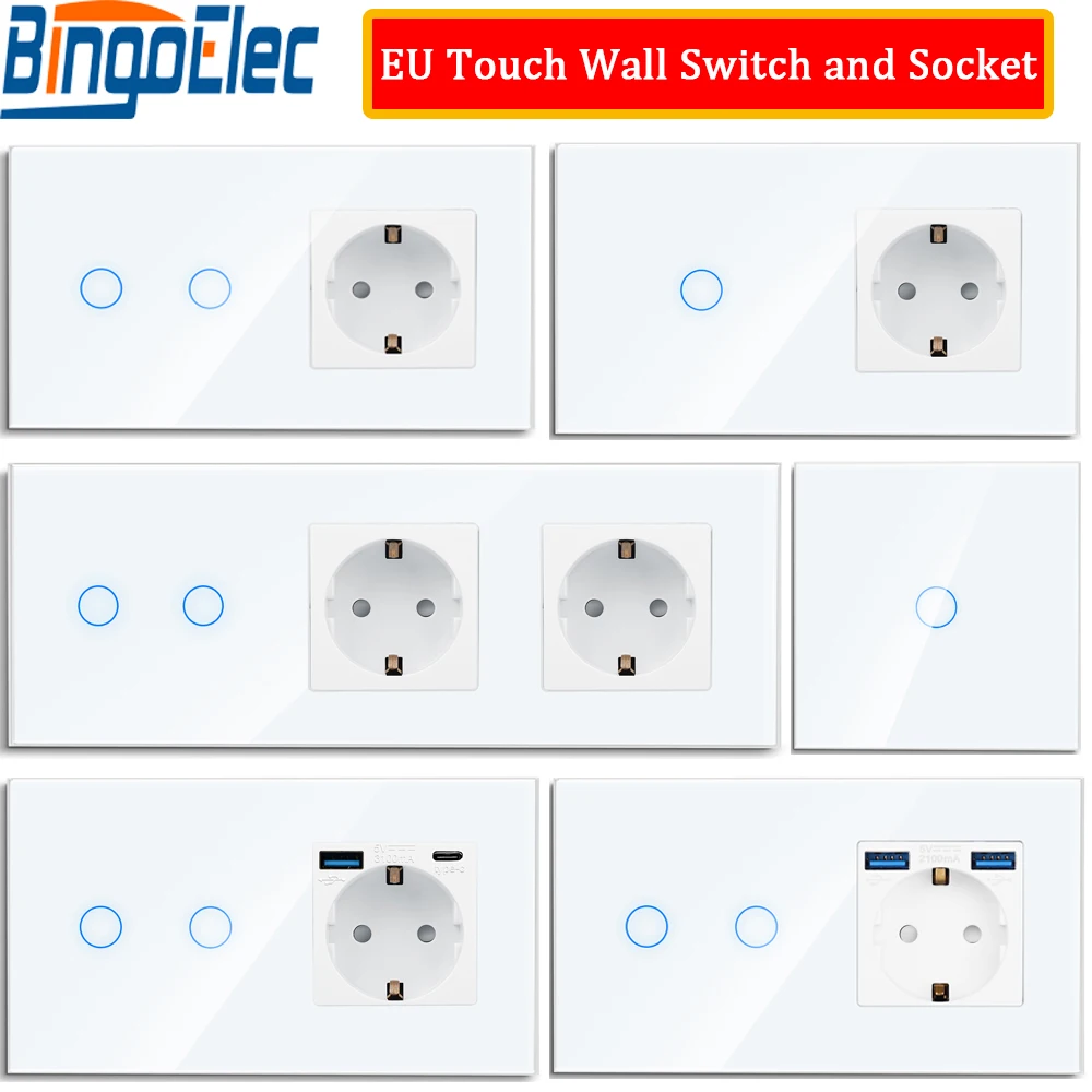 

Bingoelec Touch Switch and Wall Socket EU Standard, White Crystal Glass Panel Electrical Switches AC 220v 1/2/3 Gang 1Way