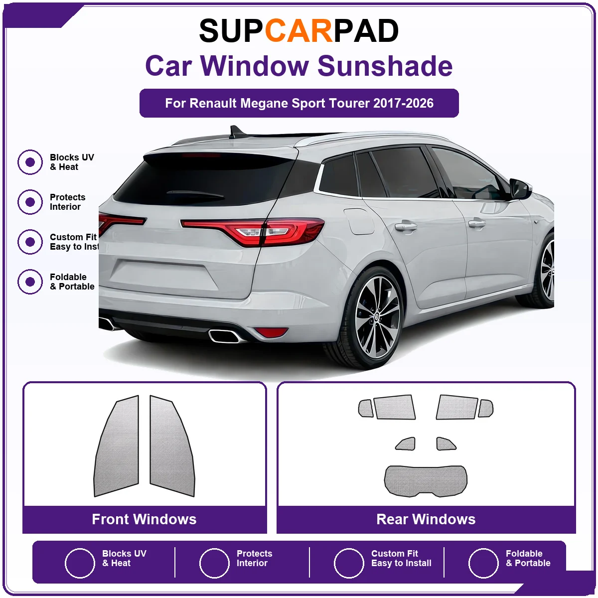 For Renault Megane Sport Tourer 2017-2026 Pre‑Cut Auto Window Sunshade Anti‑UV Car Sun Visor Protector