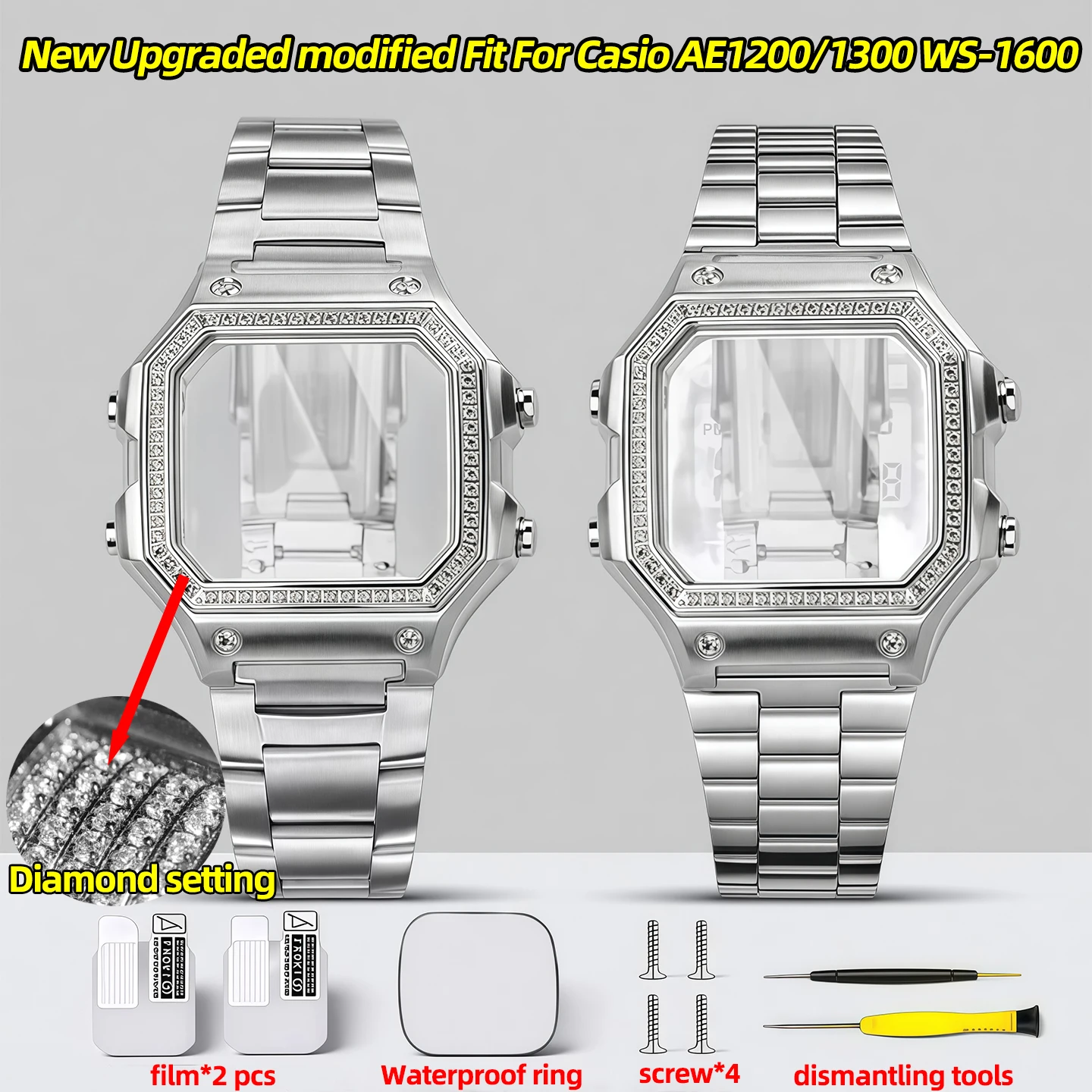 

New upgrade Stainless Steel Modification Kit Diamond setting Metal Case Bezel For Casio AE-1200WH AE1300 WS-1600 Glass Seal Ring