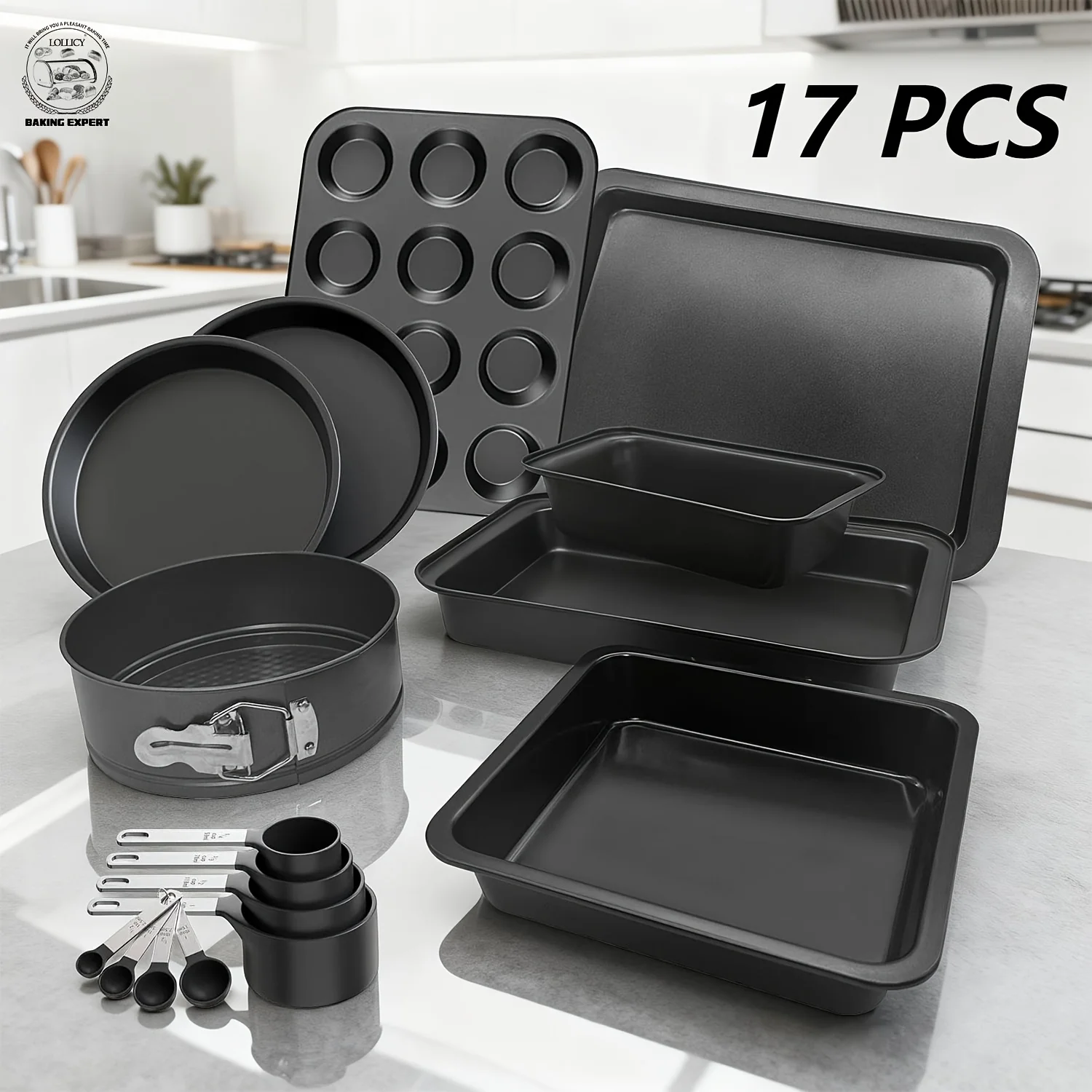 

Premium 17 Piece Bakeware Sets | Carbon Steel, Non Stick & Oven Safe up to 500°F | Complete Baking Kit includes 9 Inch Round Cak