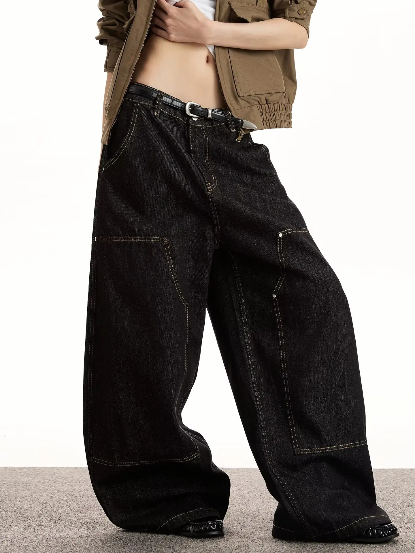 Klassische Vintage Grunge Y2k Jeans Frauen High Street Schwarz Baggy Denim Hosen Breite Punk Casual Gerade Übergroße Denim Hosen