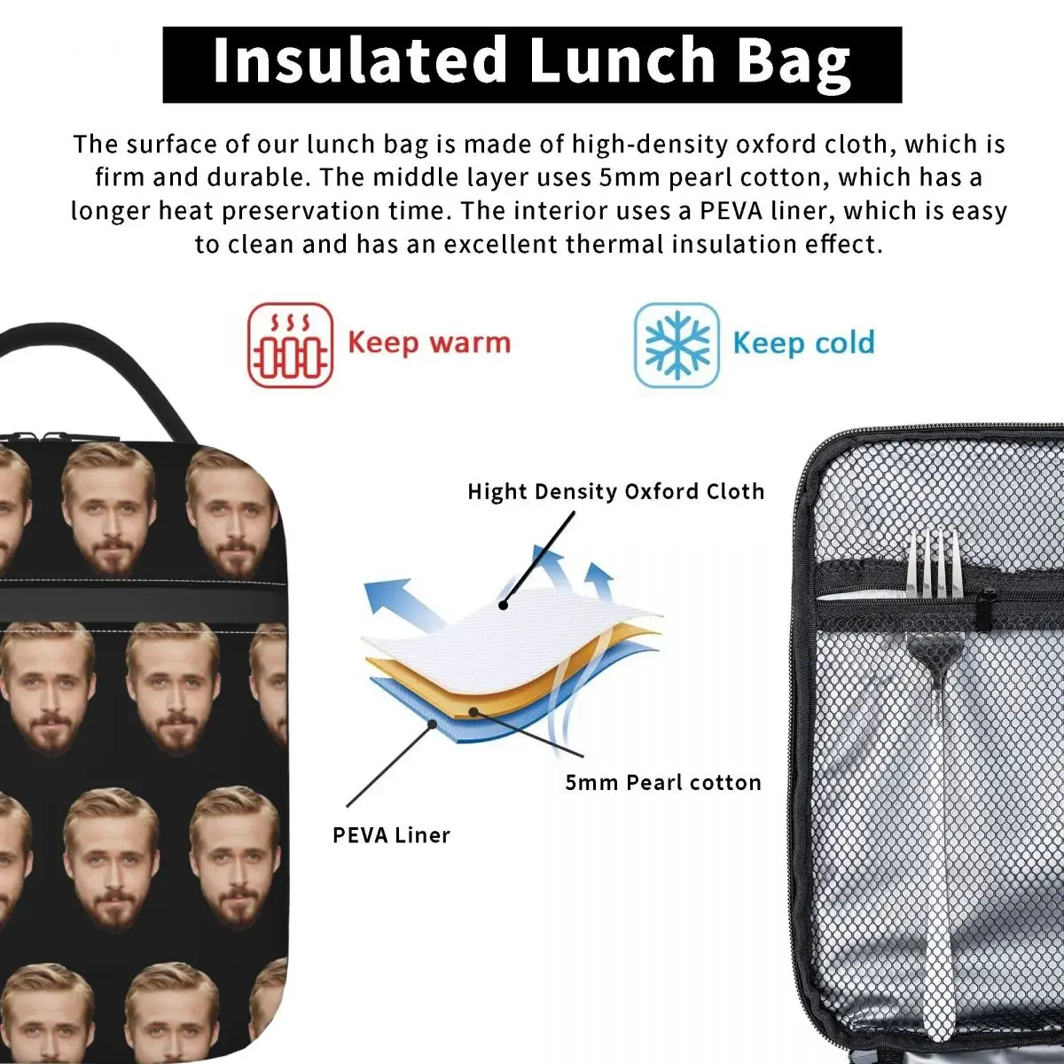 Ryan Gosling Accessories Insulated Lunch Bag For Outdoor Funny Actor Food Box Portable Thermal Cooler Lunch Boxes