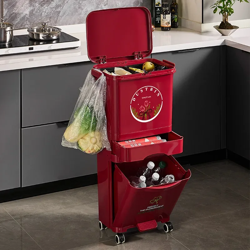 Plastic Trash Can with Wheels Tall Kitchen Sorting Bin Wet Dry Separation Large Capacity Home Waste Basket No Bend Easy Clean