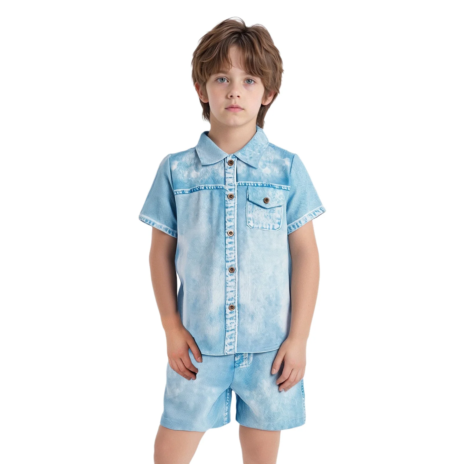 

Kids Boys Imitation Denim 2-Piece Set Summer Turn-Down Collar Short Sleeves Shirt+Elastic Waistband Shorts for Holiday Weekend