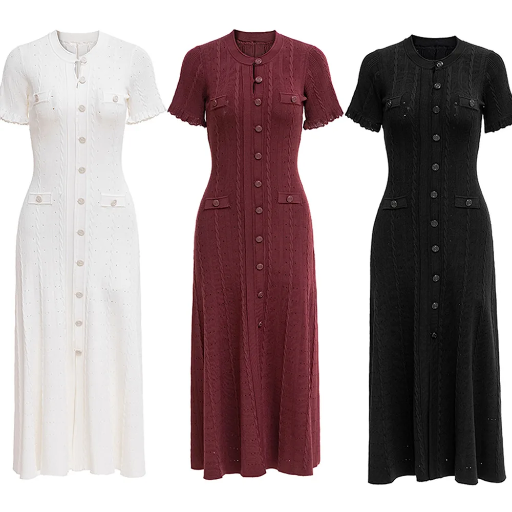 Summer Solid Round Neck Short Sleeved Office Lady Knitted Dress Women Korean Single Breasted Hollow Out Long Dress Fashion Trend