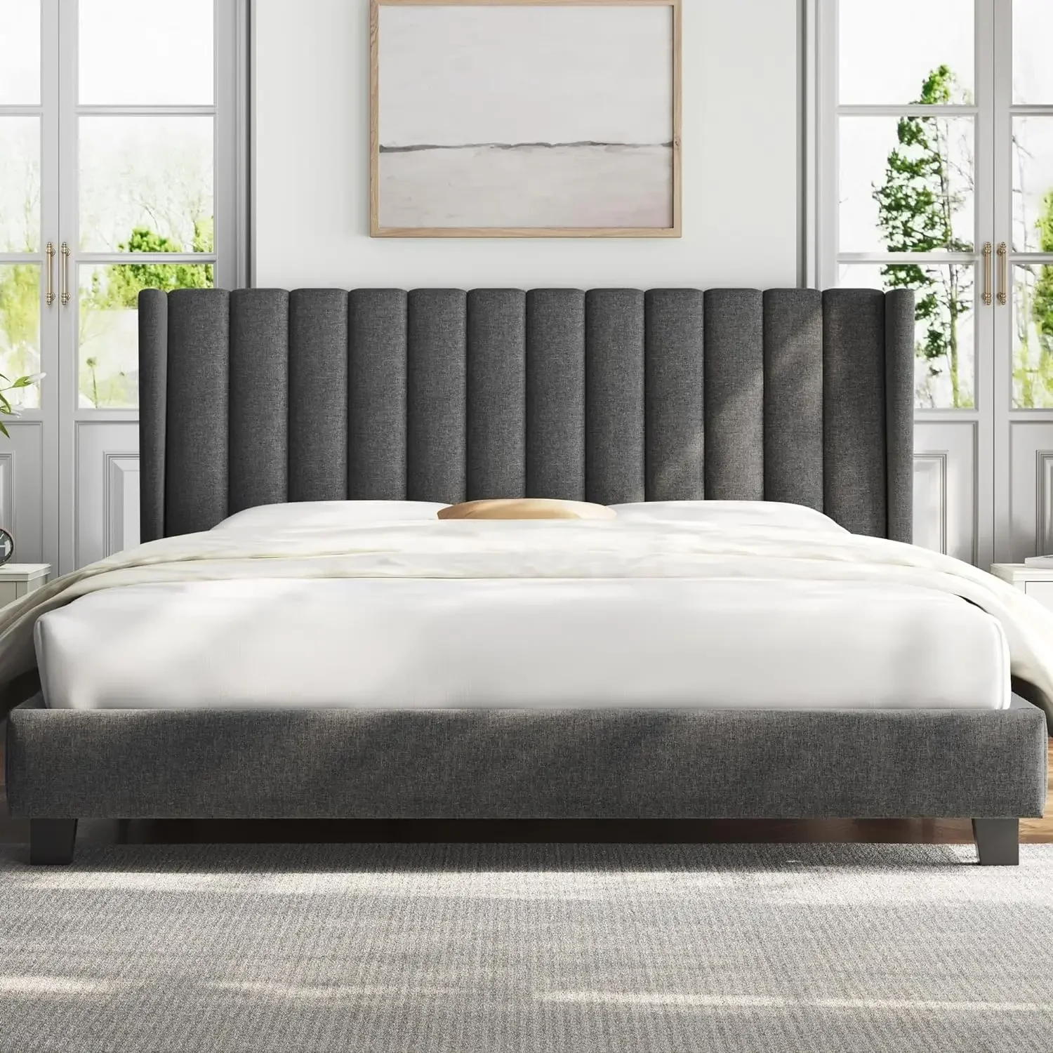 King Bed Frame Upholstered Platform Bed with Fabric Headboard, Wing Edge Design/Non-Slip and Noise-Free/Wooden Slats Support