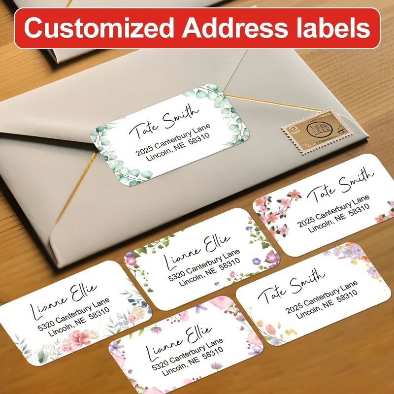 Custom Floral Address Stickers - Self-Adhesive Mailing Labels for Invitations/Office/Greeting Cards, With Eco-Friendly Mailing