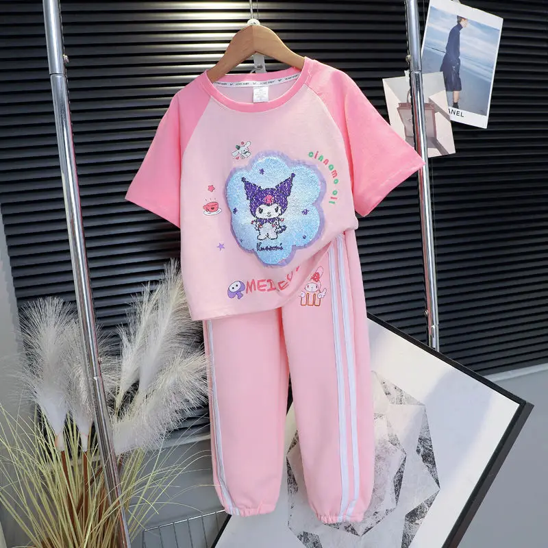 Neue sanrioed meine Melodie Kuromi Mädchen Mode Set Sommer Kind T-Shirt Freizeit hose Cartoon bestickte Kurzarm Hosen Set