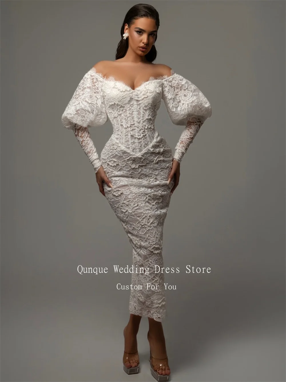 Qunque Lace Fashion Wedding Dresses Bride Sweetheart Mermaid Vestido De Novia Ankle Length Off The Shoulder Vestidos Customized