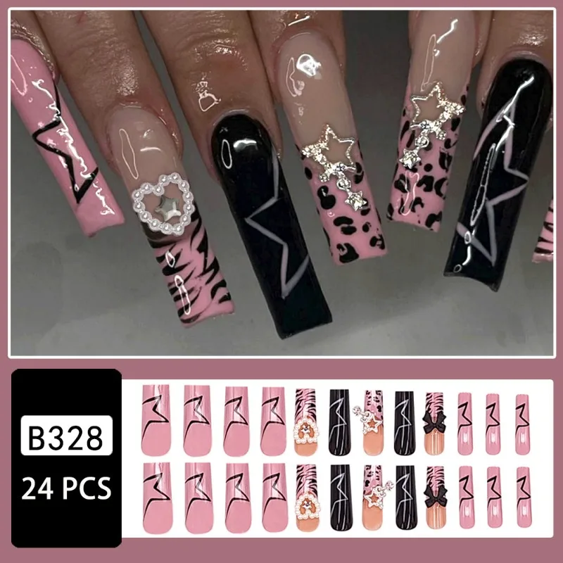 24pcs Long False Nails Black Pink Zebra Print French Acrylic Press on Nails with Glue 3d Stars Cheap Stick-on Nails for Girls