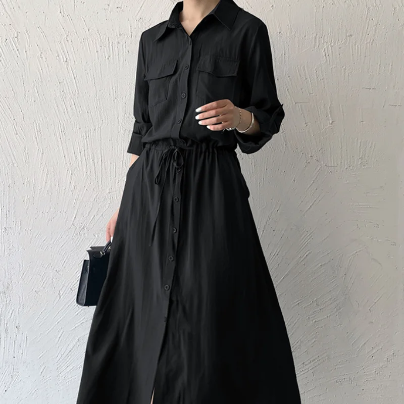 Matakawa Shirt Dresses for Women Solid Long Sleeve Japan Style Elegant Vestidos A-line Simple Fashion Casual Long Dress Vintage