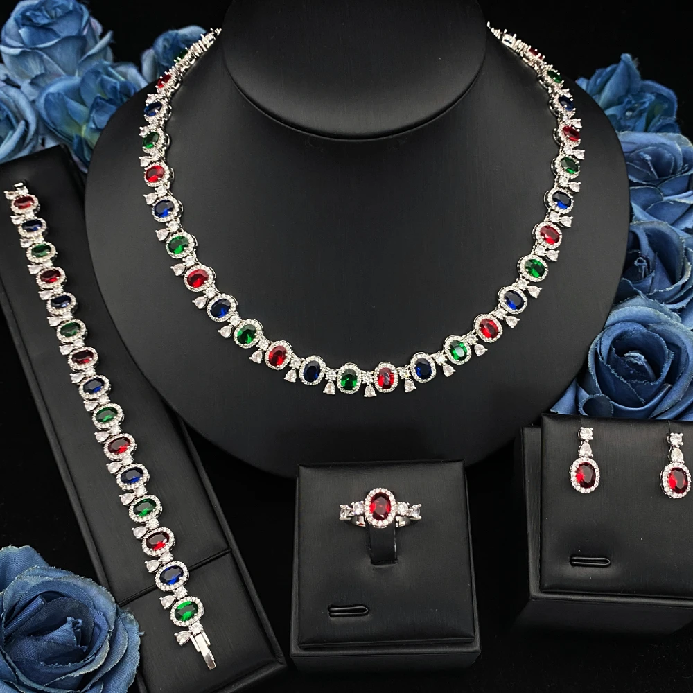 

JRH Light Luxury Niche Design 4pcs Platinum Plated Jewelry Set CZ Necklace Bracelet Ring Earrings Women's Party Jewelry