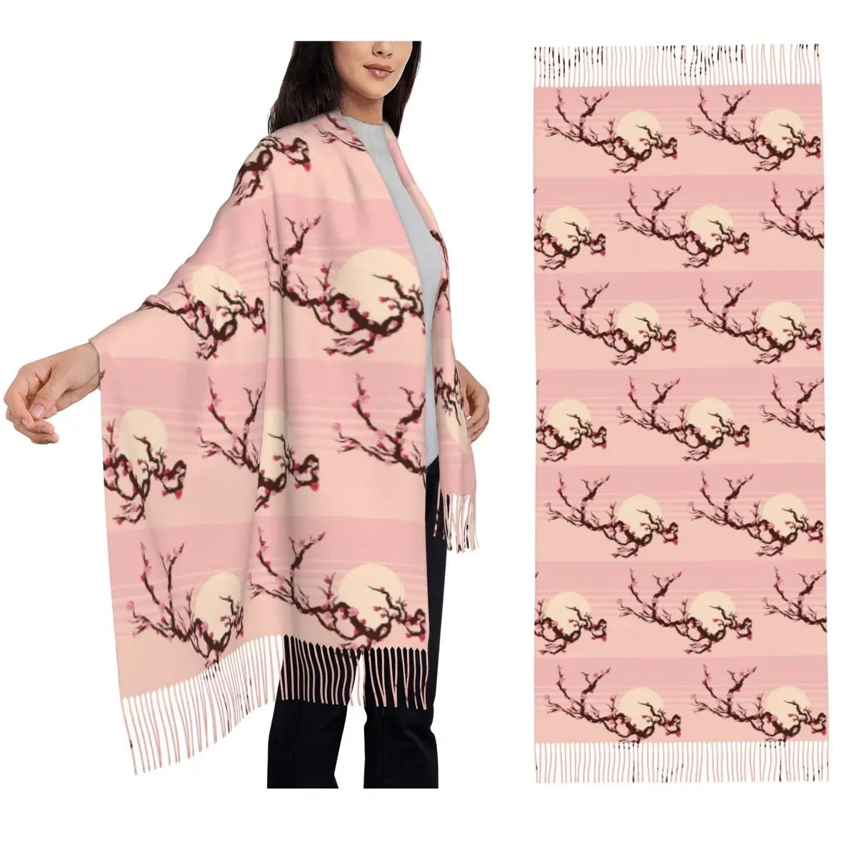 

Japanese Cherry Blossom Pattern Scarf Tassel Scarves Women Soft Warm Shawls and Wraps Long Fall Winter Shawl Wrap