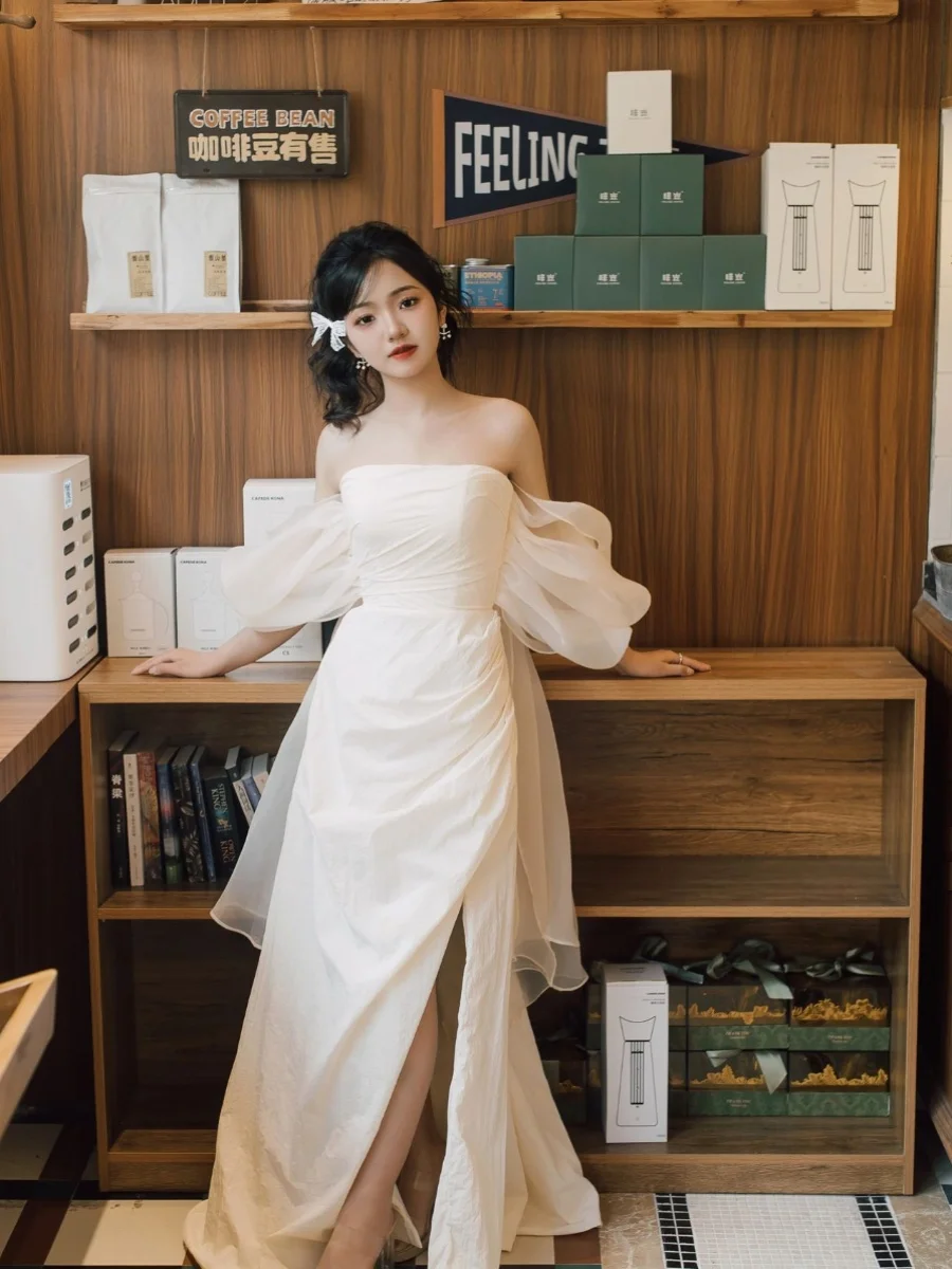 

Champagne Colored Dress Strapless Slim Fit Slit Length Dress High-end Luxury Elegant Temperament Women's Clothing 2025 New