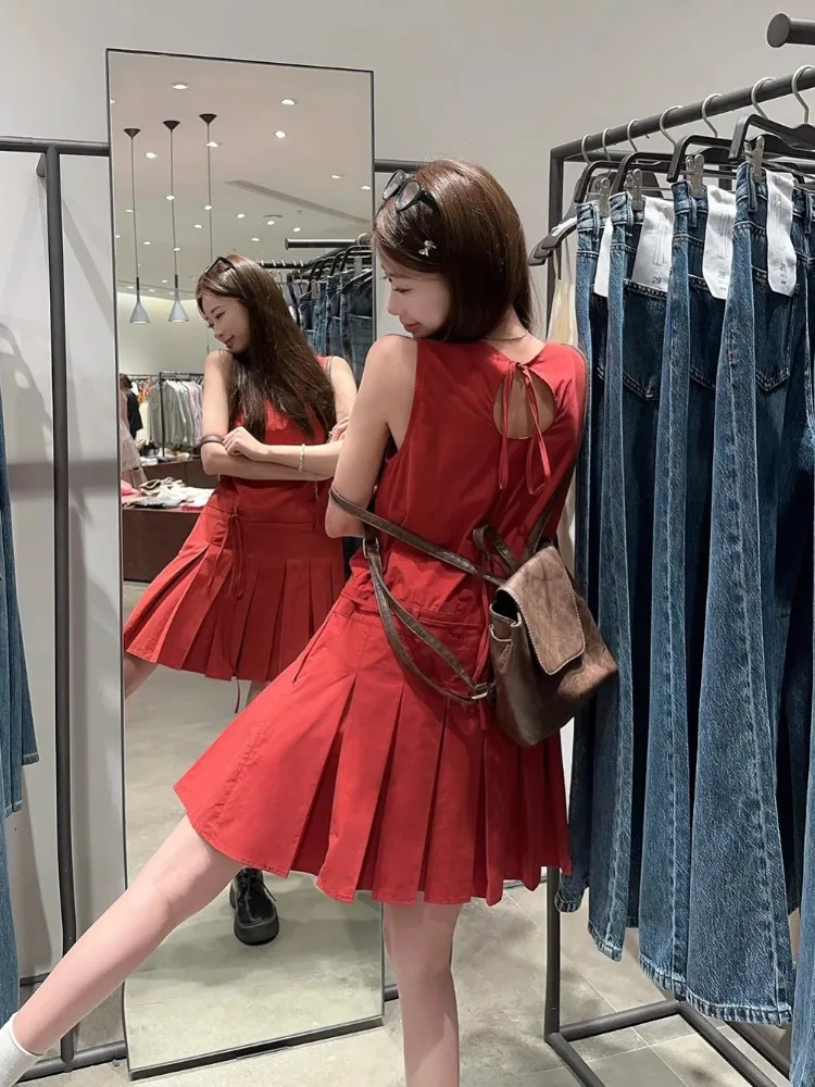 Korobov Vintage Red Tank Top Dress Women\'s Clothing Vestidos De Mujer Summer A-line Skirt Y2k Korean Fashion Pleated Skirt