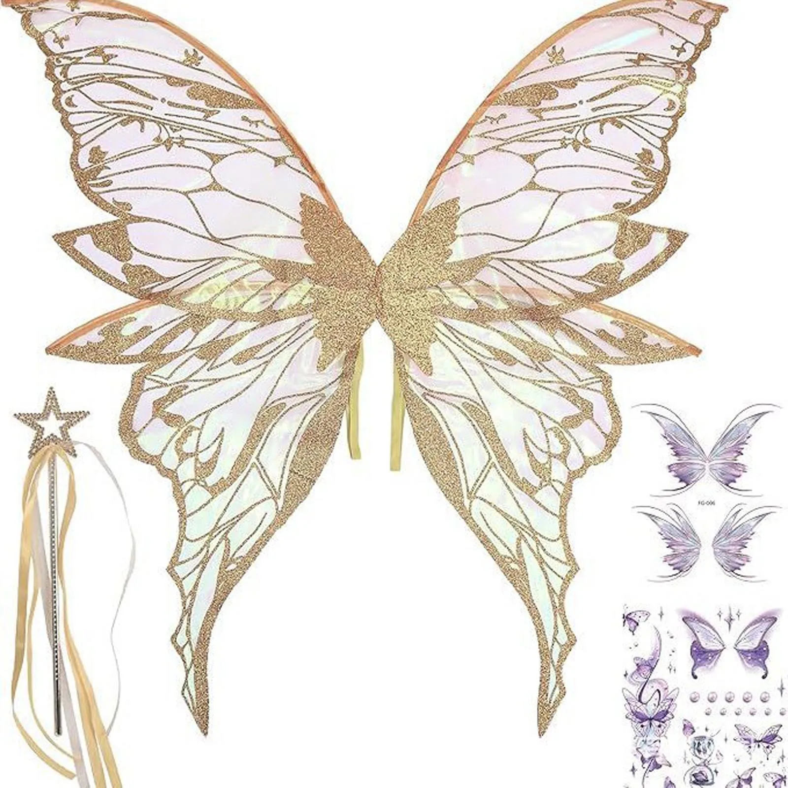 Mulheres meninas borboleta fada elfo asas com estrela varinha e adesivos para halloween cosplay traje aniversário natal fotografia