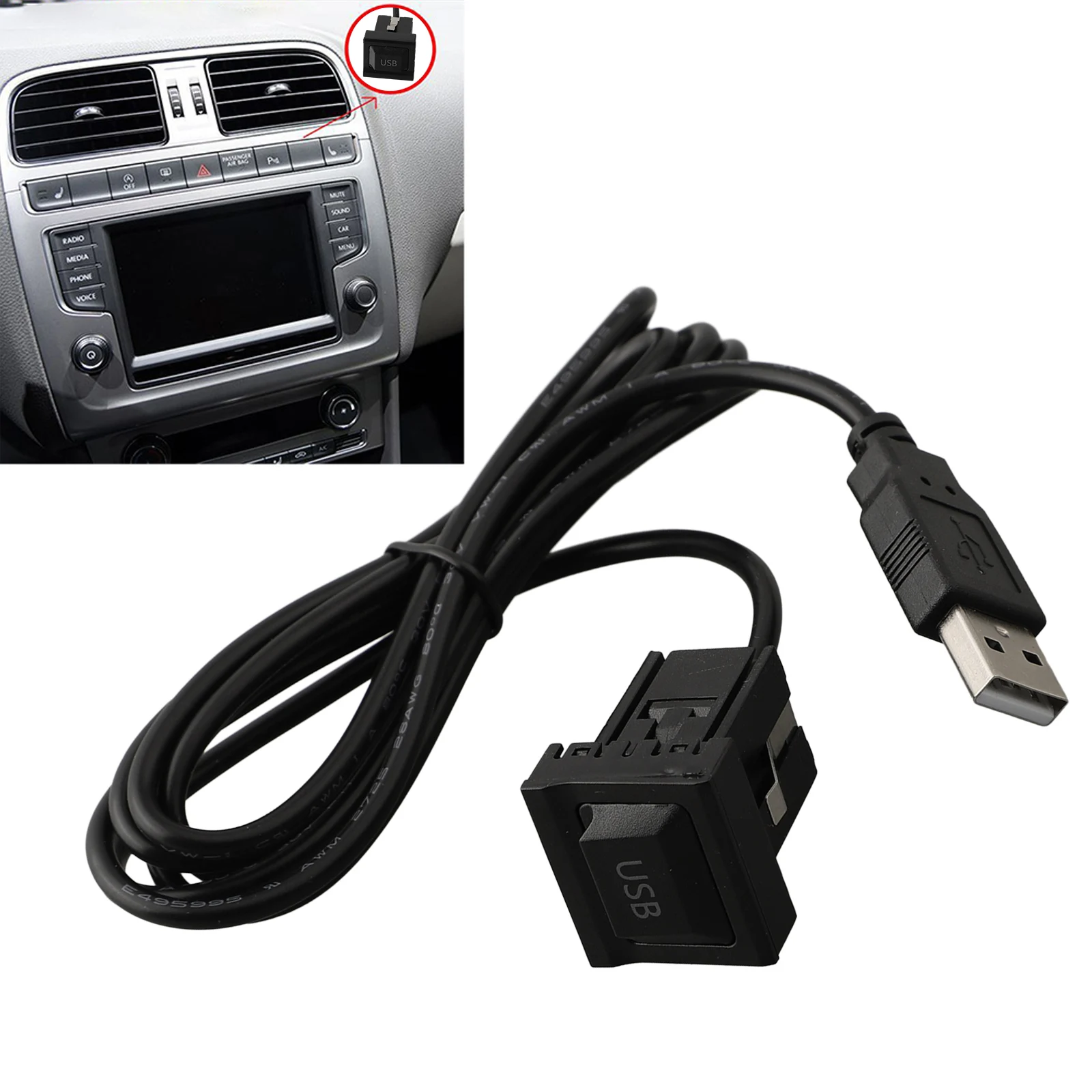 1PCS Dash Flush Mount AUX USB Port Panel Dual USB Extension Adapter Cable For Automotive Bike Marine Motor 3.3x2.3CM Black