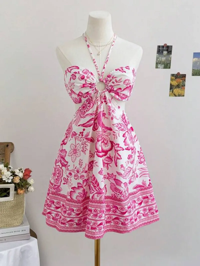 Sommerliches Damen-Minikleid im Boho-Stil mit Blumenmuster, Neckholder, O-Ring-Ausschnitt an der Taille, ärmellos, A-Linie, fließendes Kleid, Strandkleid mit Print – Detail 11