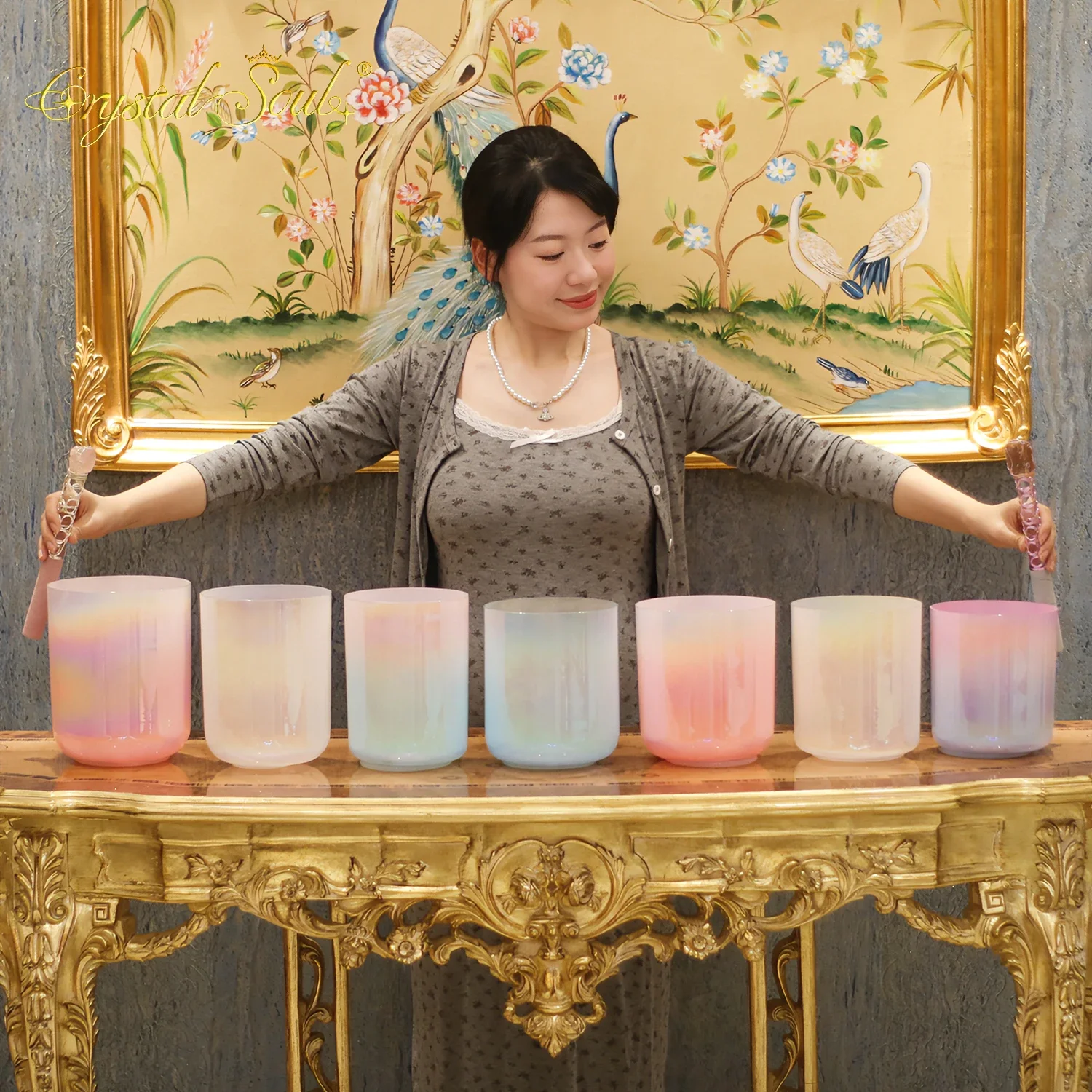 2026New Design Candy Peach Color Seven Chakra Alchemy Crystal Bowl Harmonious Crystal Singing Bowl Sets sound bowls and spiritual instruments cuencos tibetanos de 7 metales grandes cuenco cuarzo crystal singing bowls cuencos tibetanos de 7 metales grandes