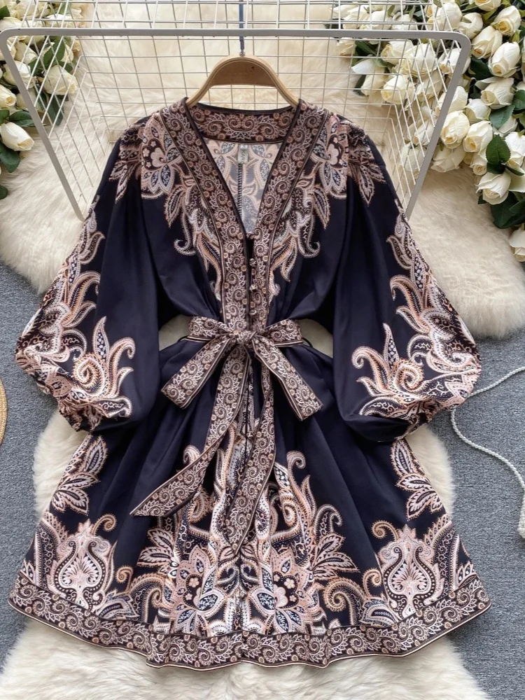 French Vintage Elegant Mini Dress Women Print Puff Sleeve Slim Vneck Evening Dress Female Casual Autumn Y2k Ball Gown New 2024