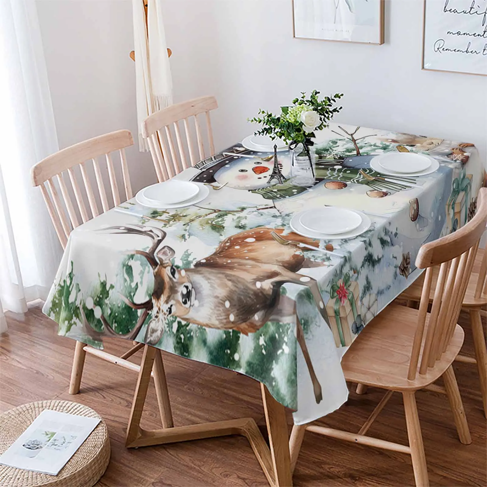 Christmas Snowman Berry Pine Squirrel Tablecloths Waterproof Kitchen Coffee Table For Living Room Home Decor Dining Table