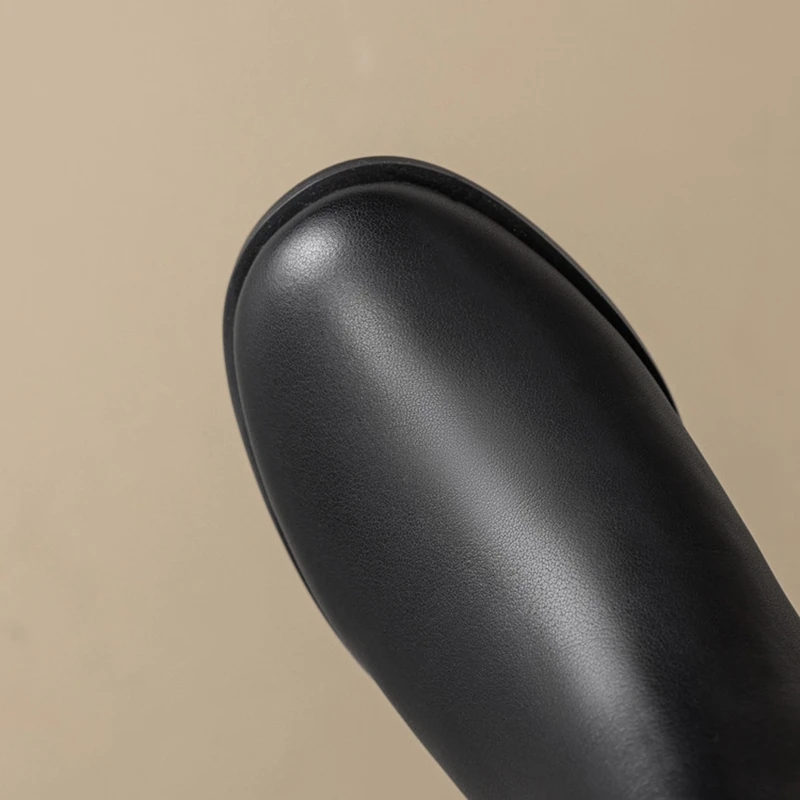 Women's new leather cowhide round head metal belt buckle, mid heel plus size and knee zipper high top boots, fashion boots - Image 4