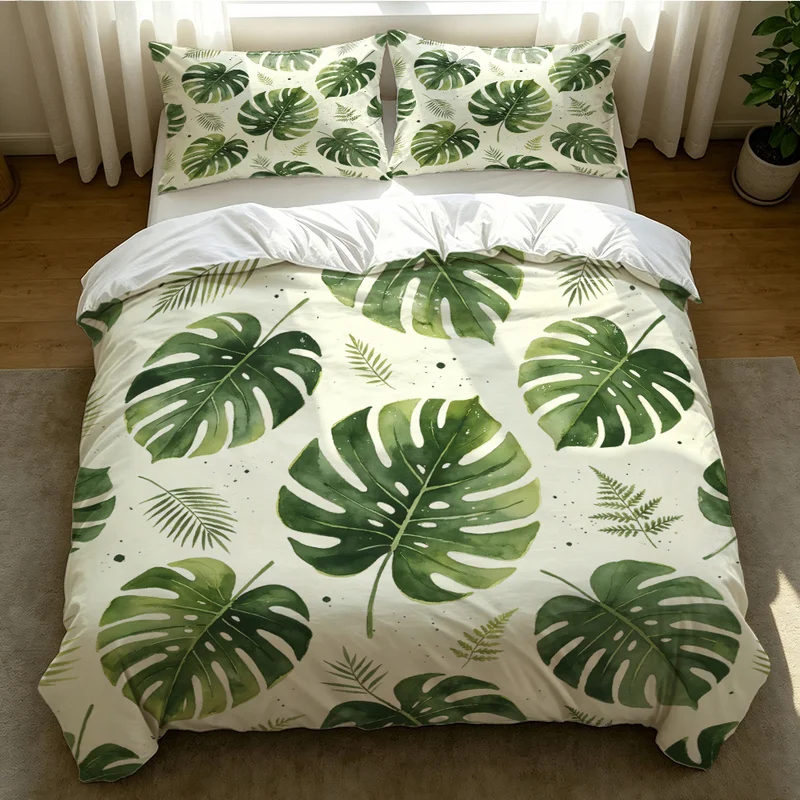 2/3Pcs Polyester Duvet Cover Set,Ultra-Soft,Breathable,Multi-Sizes,Skin-Friendly,Durable,Monstera Fern Leaf Print,Bedroom Decor