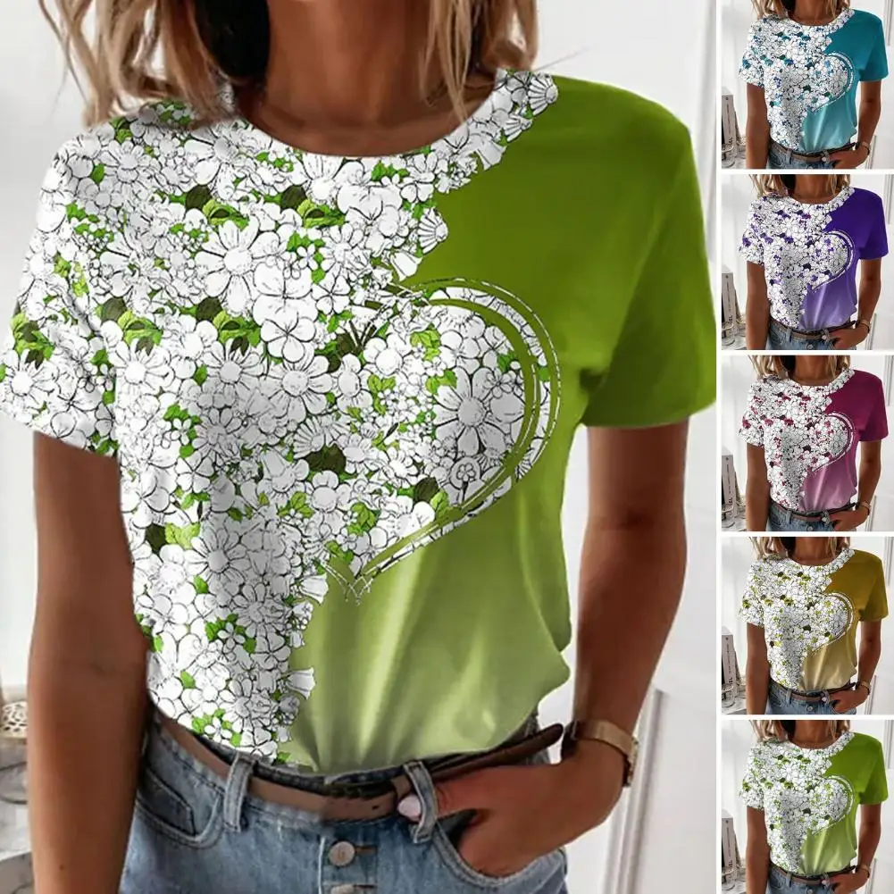 Crew Neck Short Sleeve Girls T-shirt Shink Resistant Floral Heart Print Lady Top Streetwear