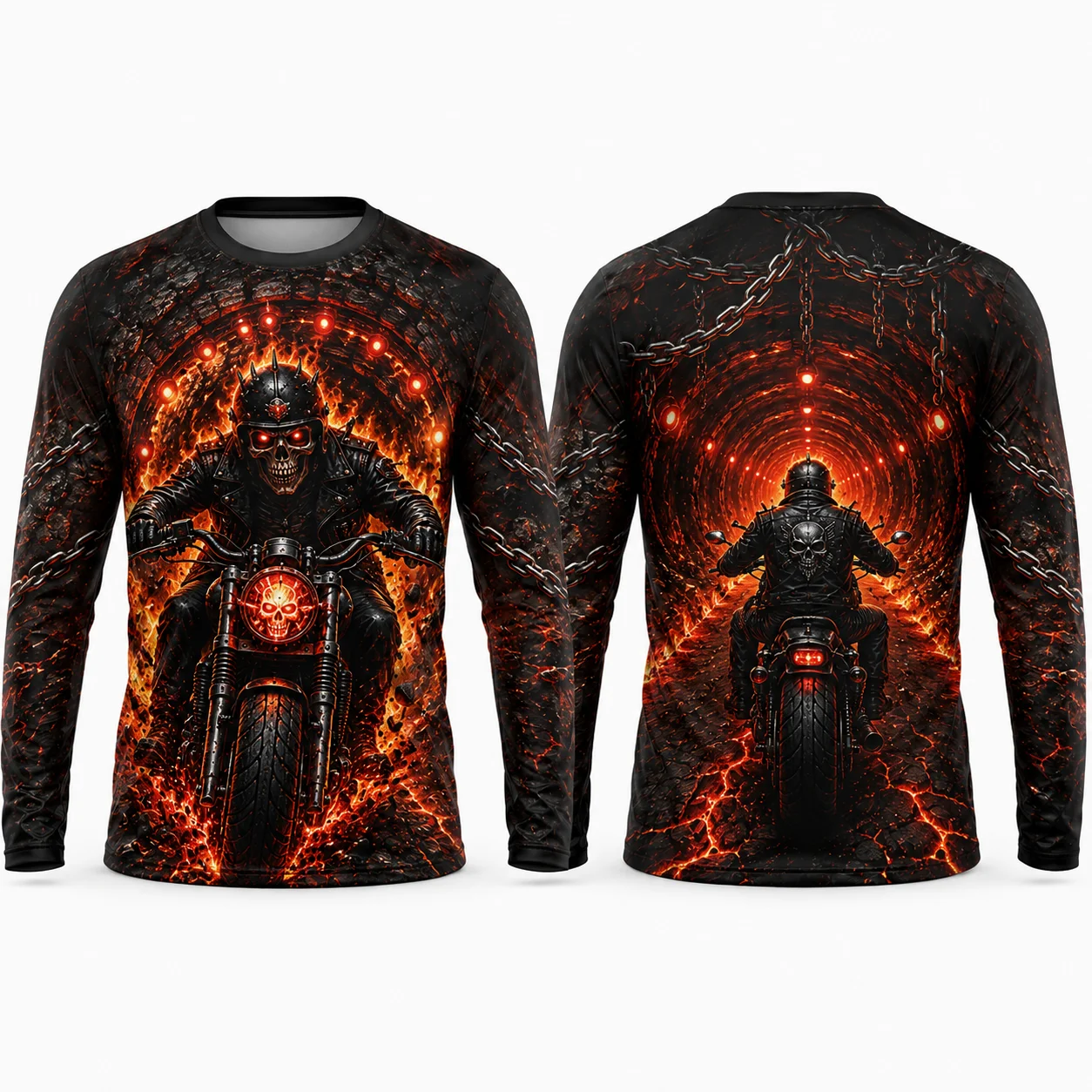 New Inferno Skull Rider Long Sleeve T Shirt 3D All Over Print Unisex Biker Graphic Tee Streetwear Motorcycle Gift Men Women