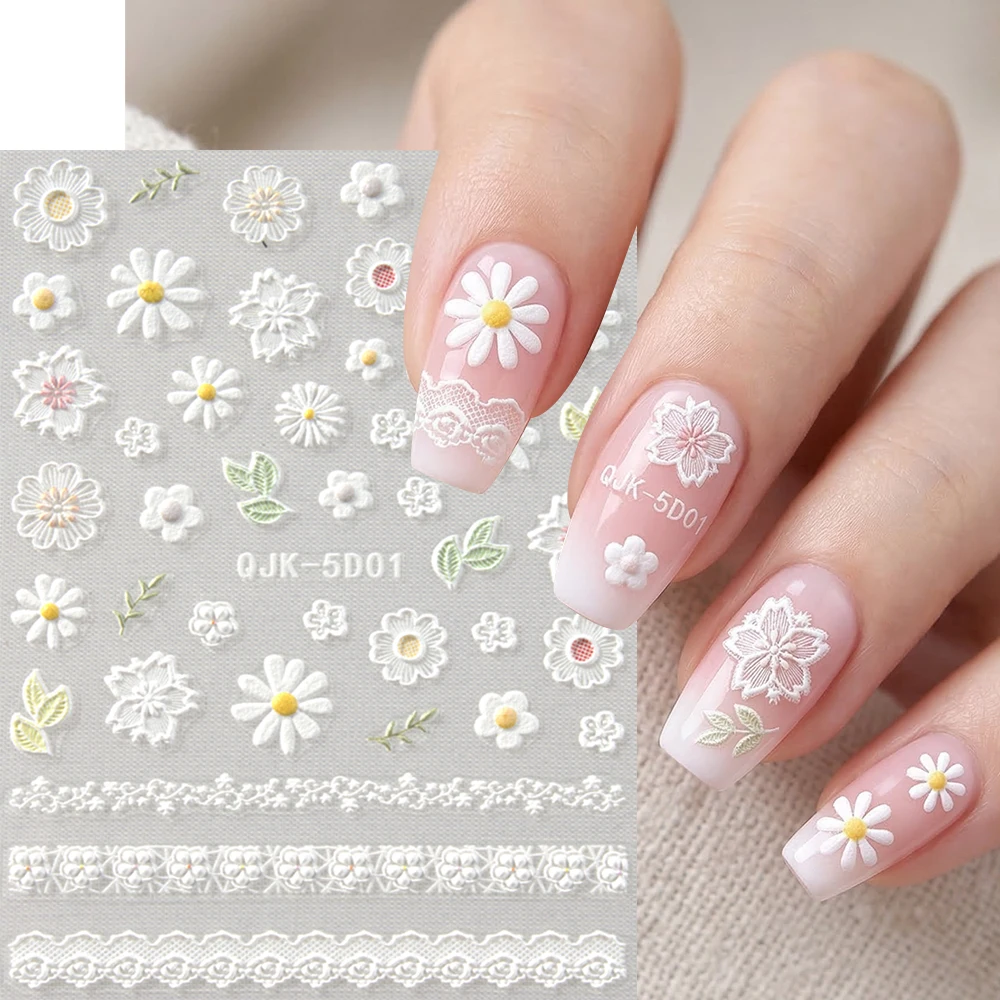 1pcs Spring Daisy Flowers 5D Embossed Nail Stickers Pink White