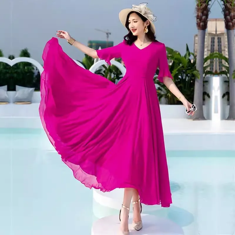 Summer Bohemian Long Dress Women Solid Color Short Sleeve V Neck 4XL Chiffon Dresses Maxi Evening Ladies Party Dress Vestidos