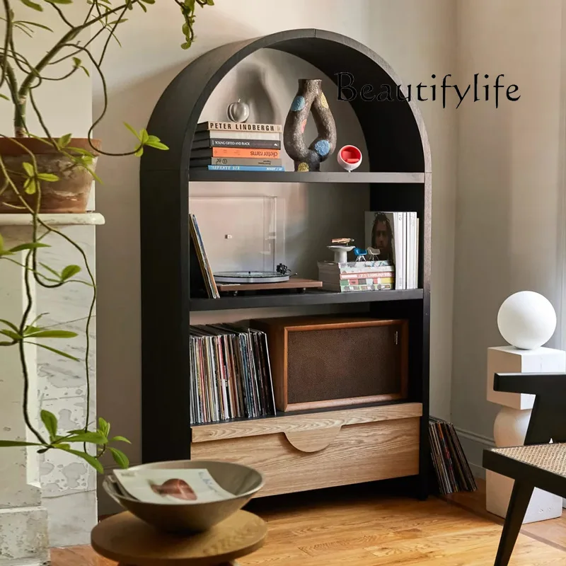 American-Style Solid Wood Bookshelf French Arch Side Cabinet Display Curved Black French Bookcase