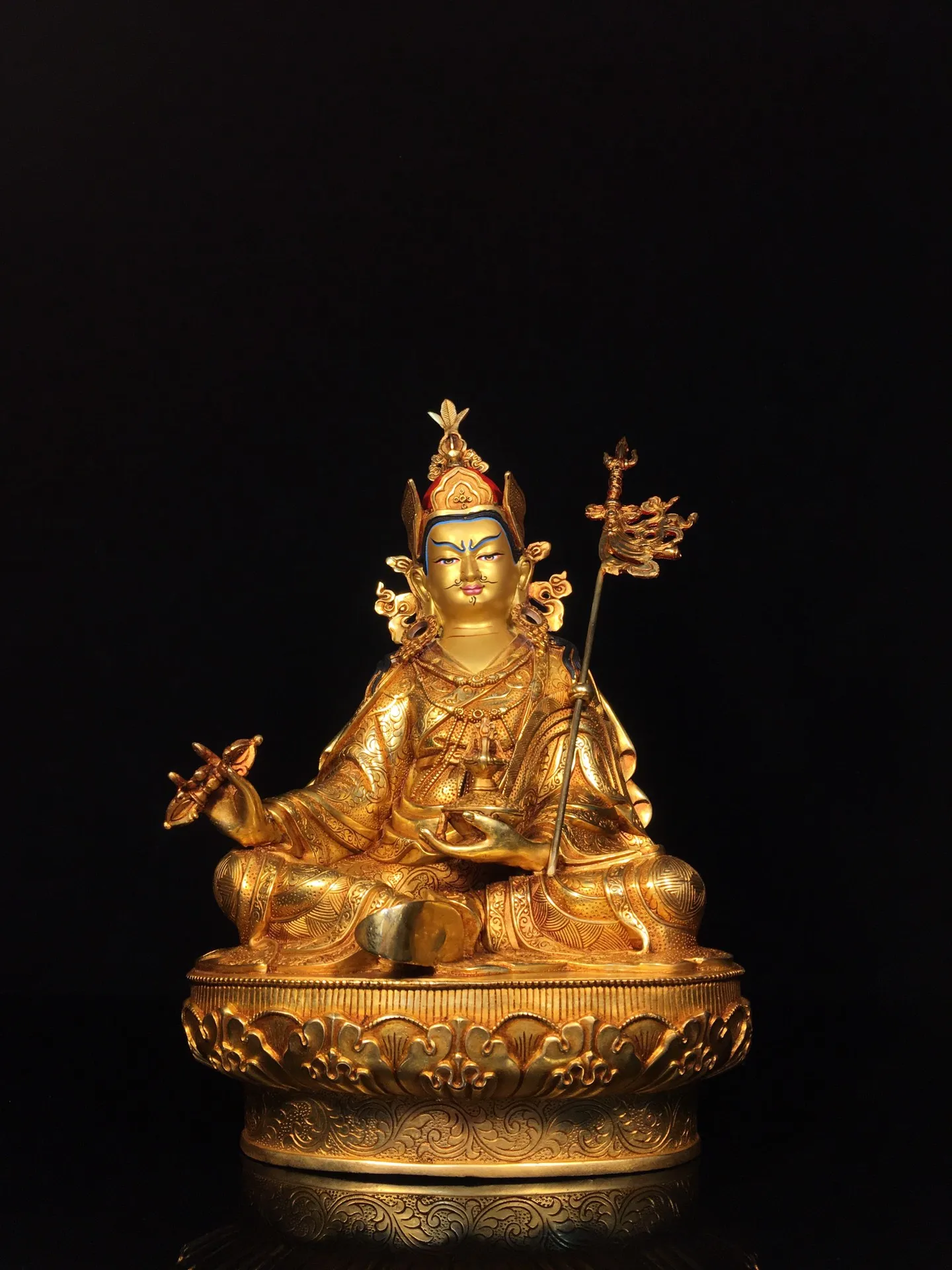 Nepalese Craft Bronze Gilded Face Painting Padmasambhava Guru Rinpoche Peanut Master STATUE Bronze 32CM