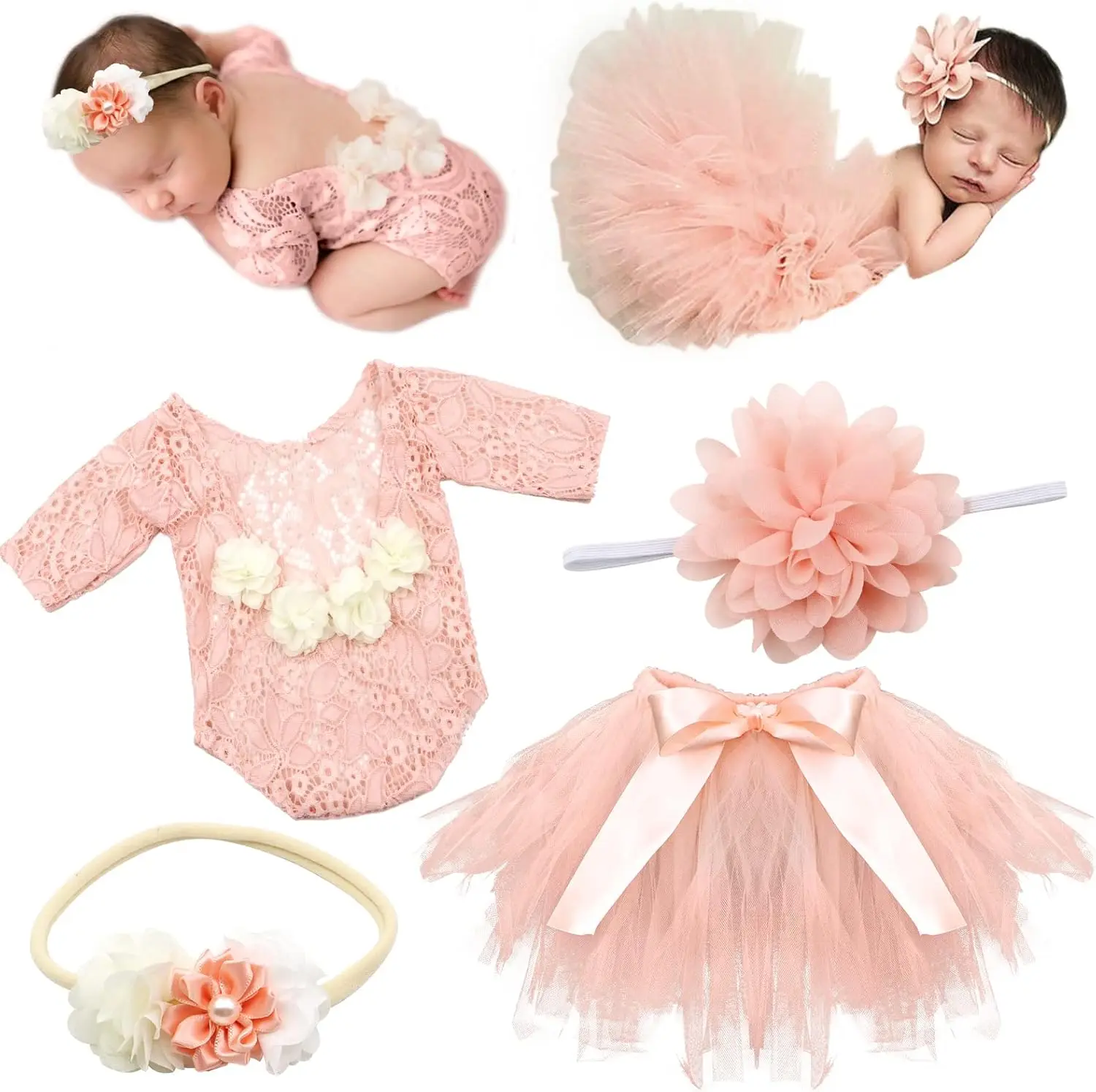

Комплект одежды для фотосессии новорожденных из 4 предметов: юбка-пачка, головной убор с бантом, кружевные комбинезоны и повязка на голову с цветком для маленьких девочек и мальчиков