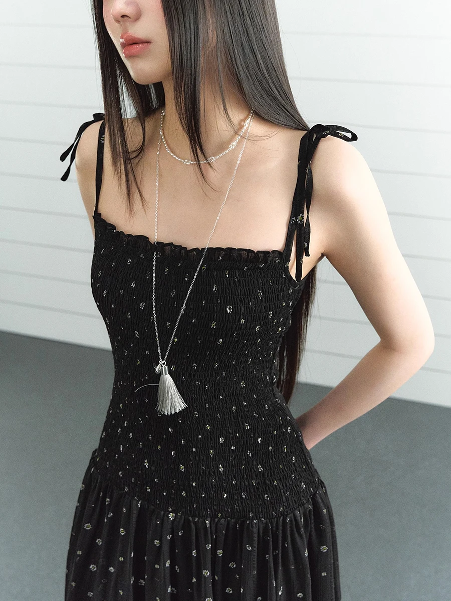 REDDACHiC Women Tie Up Camisole Dress Black Floral Elastic Waist Shirring Midi Long Flowy Dress Korea Sweet Summer Everyday Wear