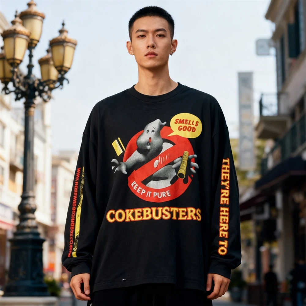 

KUCLUT Niche Brand Funny Graphics Printed Tops Long Sleeves Vintage Clothing 100%Cotton Loose Oversize T Shirt Men