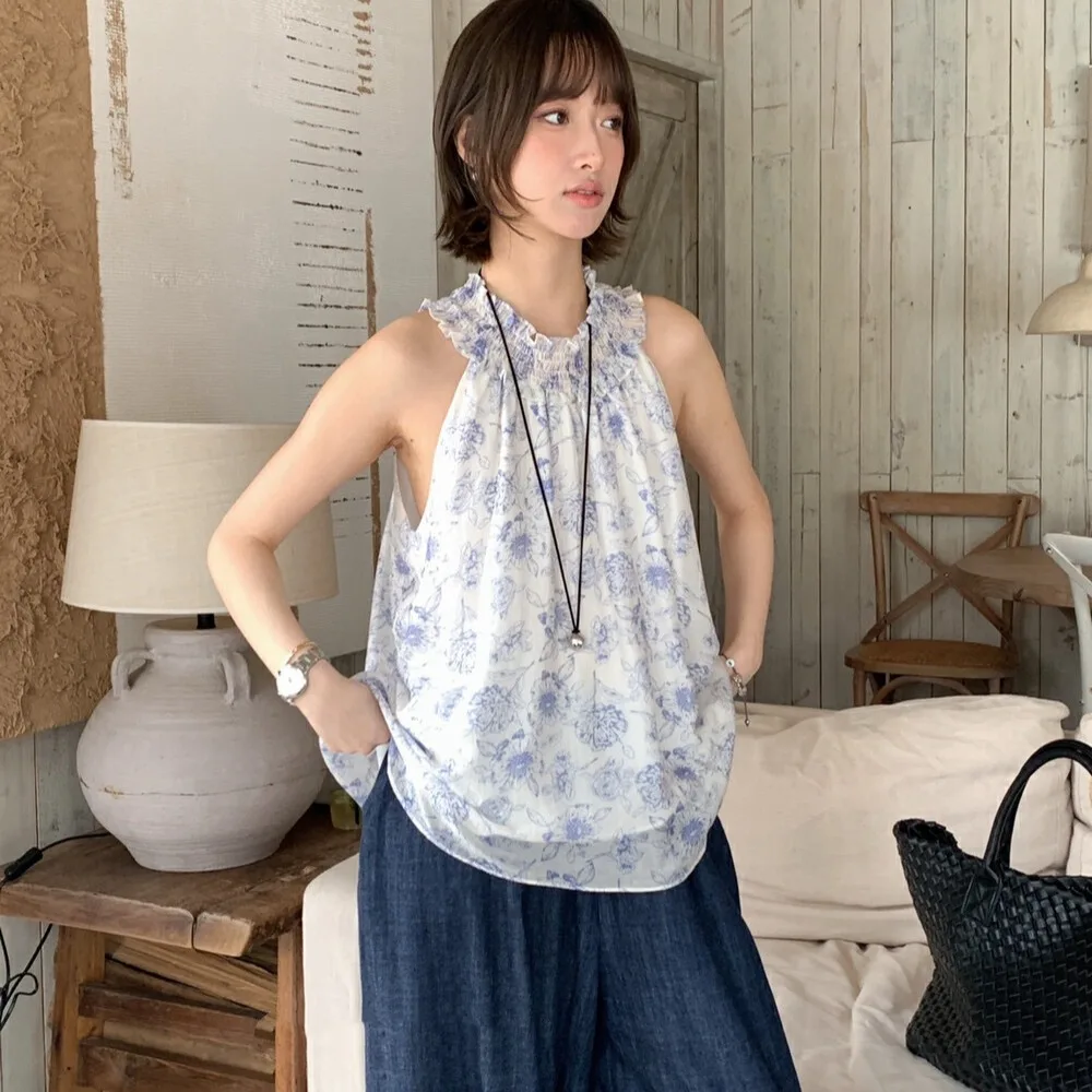 Nimo Home Vintage Ink Wash Painting Neck Hanging Strap Top Korean Style Loose Women's Floral Print Sleeveless Shirt