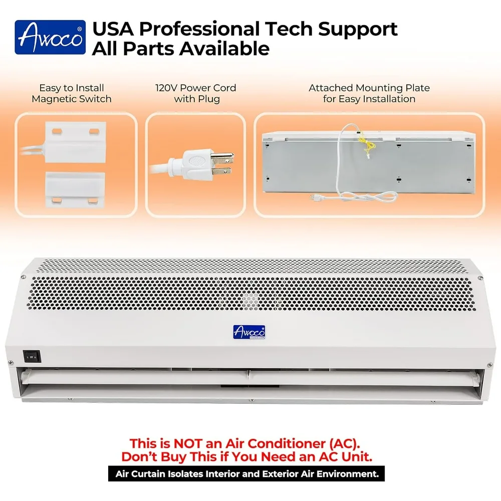 Cortina de ar interior comercial com interruptor de porta sem aquecimento incluído, Super Power, certificado UL, 1200CFM, 36 in, 2 velocidades, 120V