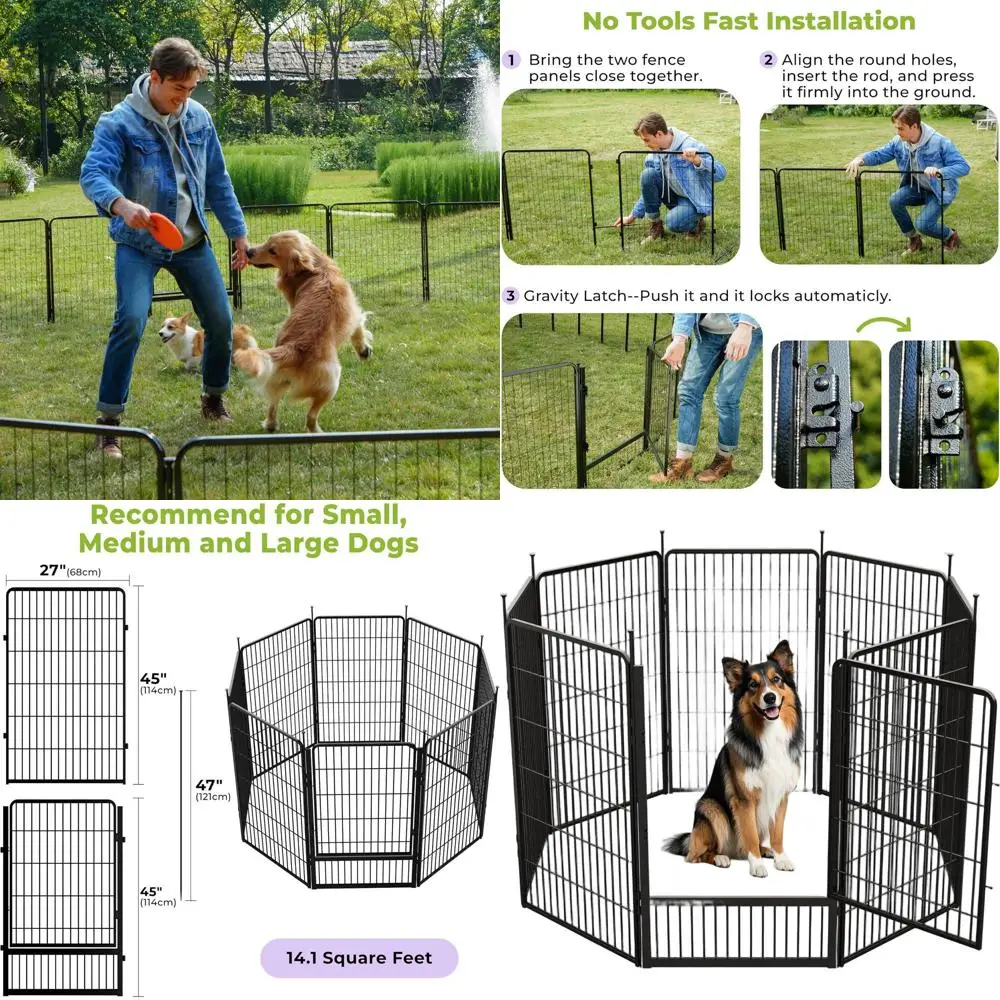 

Прочный манеж для собак на открытом воздухе с 8 панелями, высота 45 для больших собак, безопасный забор для дома и улицы, черный