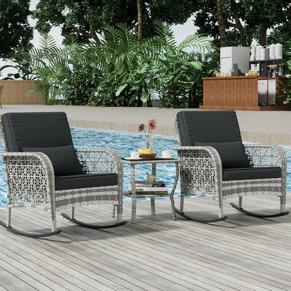 3 Piece Gray Wicker Patio Rocking Chair Set, Bistro Rocking Set, Outdoor Conversation Furniture with Porch Chairs