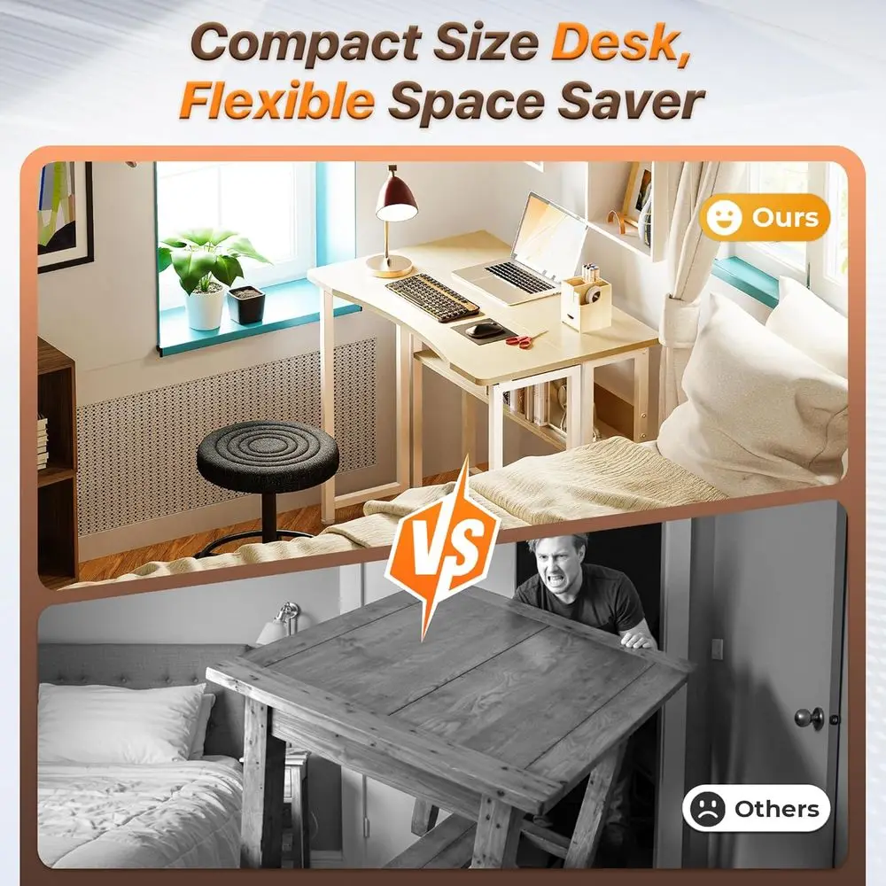 مكتب مدمج قابل للطي من خشب البلوط 31.5 مع مساحة تخزين للمساحات الصغيرة ومنطقة الأريكة، مثالي للكتابة والعمل المكتبي