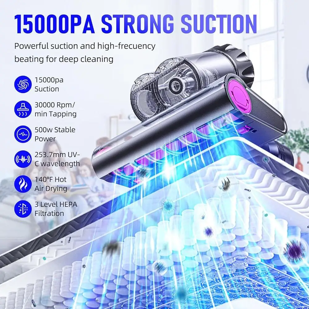 強力なマットレス掃除機 15Kpa 吸引 HEPA フィルター UV 超音波高熱 6 モードダストペットの毛除去クリーナー