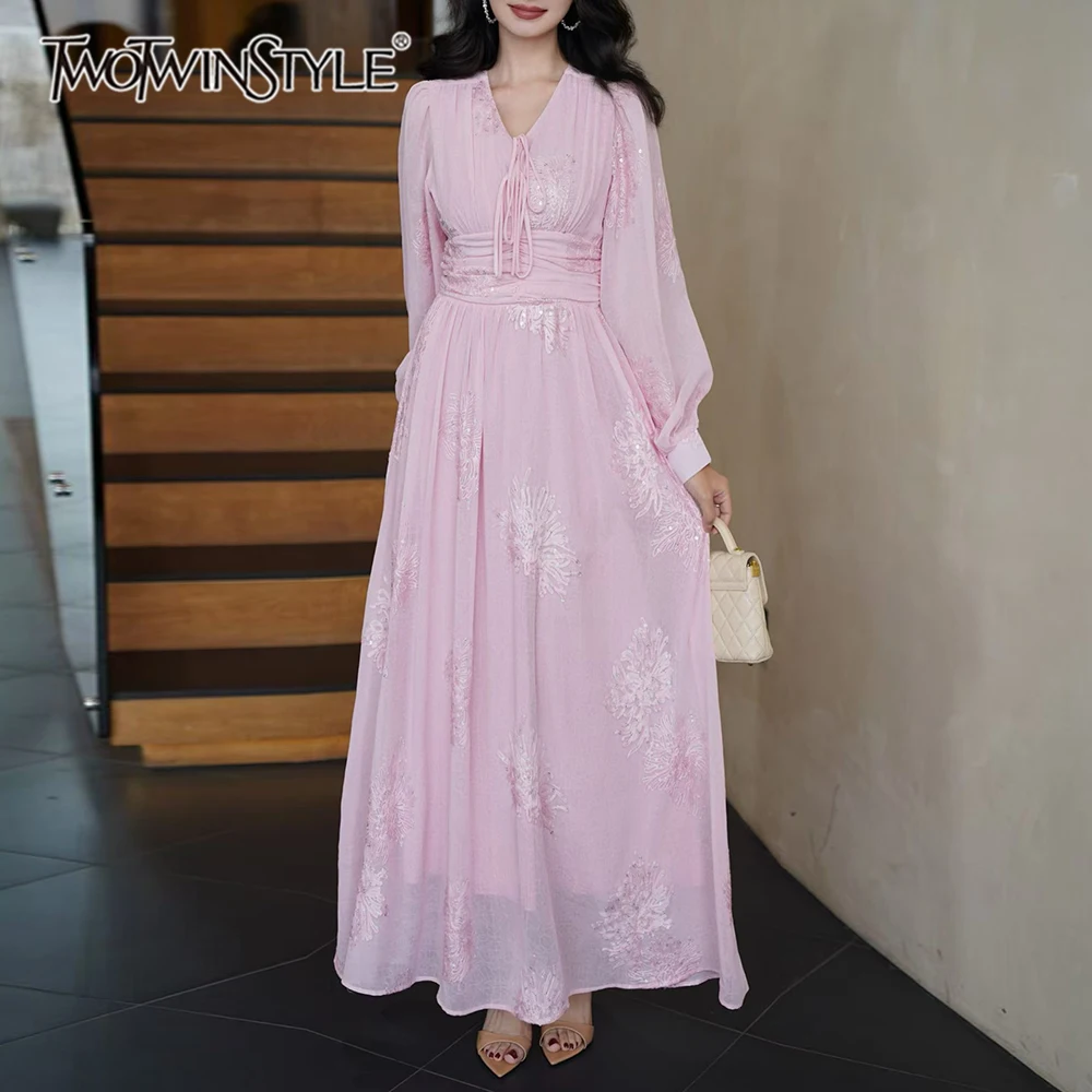 

TWOTWINSTYLE Однотонное облегающее платье с сетчатыми вставками для женщин, V-образный вырез, длинные рукава, пэчворк, складки, элегантное платье, новый стиль