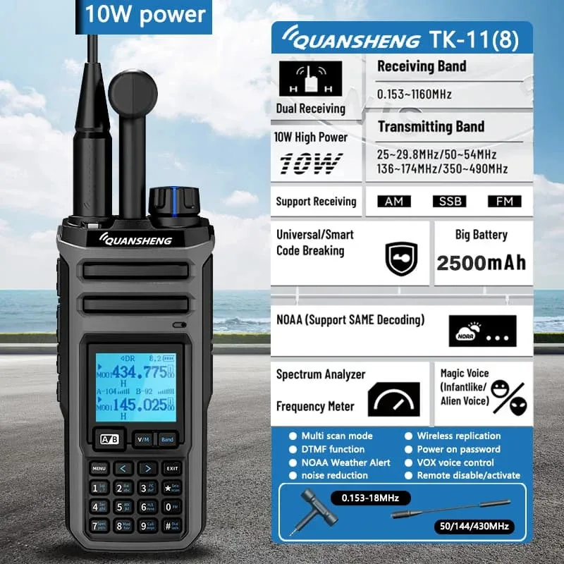 ​ Quansheng TK-11(5) 10W VHF/UHF Dual Band Radio 999CH CTCSS/DCS IP55 2500mAh Type-C NOAA Weather Alarm CE