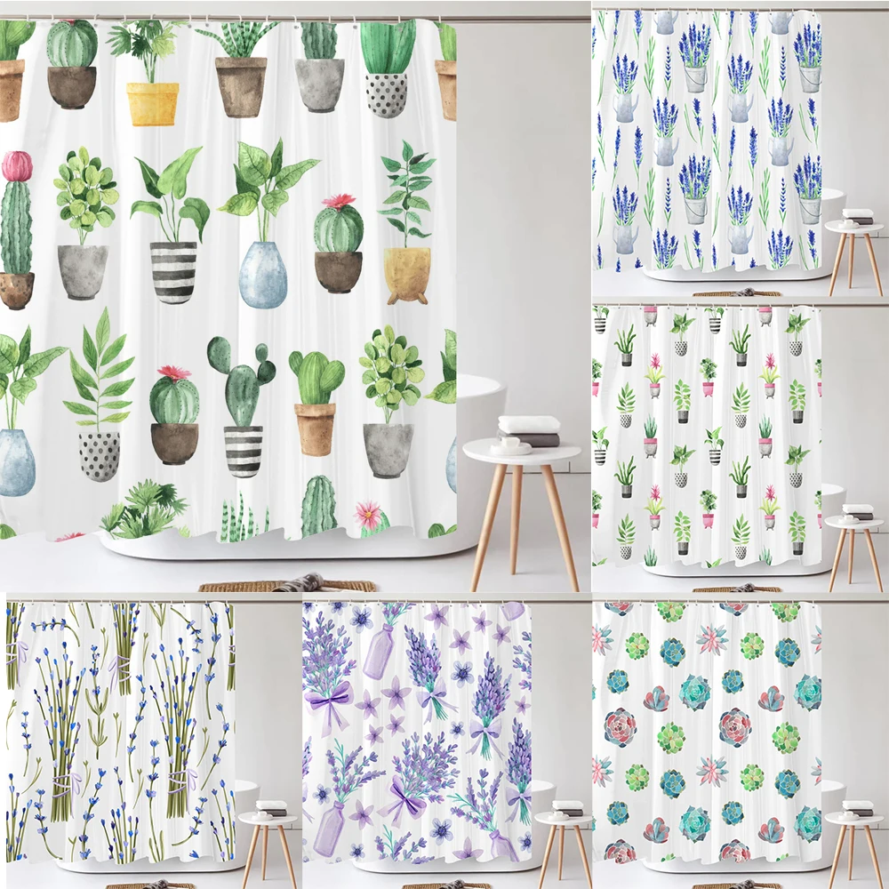 

Small Fresh Plant Cactus Leaves Print Shower Curtain Polyester Fabric Bath Curtain With Hooks Curtains For Bathroom Decoration